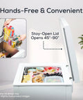 Hands-free view of Slick 3.5 Cubic Foot Upright Deep Freezer Chest showing stay-open lid and organized food items.