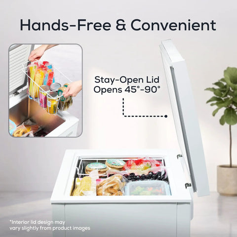 Hands-free view of Slick 3.5 Cubic Foot Upright Deep Freezer Chest showing stay-open lid and organized food items.
