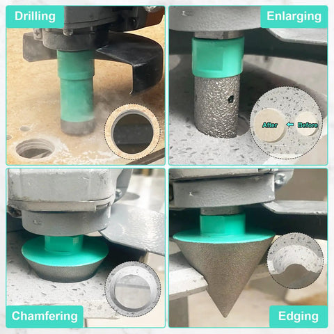 Pro Grade Heavy Duty Diamond Core Drill Bits and Chamfer Bit Set for Porcelain Tile Ceramic Marble Brick Concrete Three Piece Includes 20mm and 35mm Bits for Dry or Wet Drilling Five Eighths Eleven Thread in action on different surfaces.