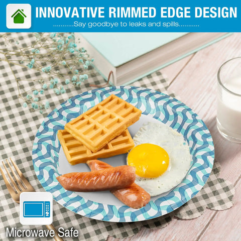 Heavy Duty 10 Inch Paper Plates Bulk Pack Thickened Disposable Dinner Plates For Holidays, Parties, Picnics And Everyday Use Sturdy Yet Lightweight Eco Friendly Renewable Materials 100 Count with breakfast served on a plate