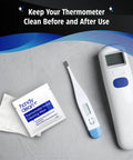 Front view of HandyClean Thermometer Cleaning Wipes, 1000 ct, 2 x 1 in; white individually wrapped sachets.