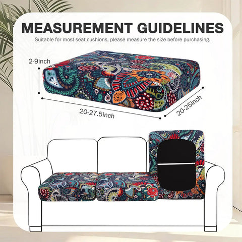 Outdoor Patio Cushion Covers 8 Pack Stretch Slipcovers For Sofa Cushions, washable paisley pattern with size guide illustration