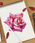 White Charcoal Pencils Set, 6 Pcs For Bold Highlights On Dark Paper beside a sketchbook with a rose drawing, smooth and blendable