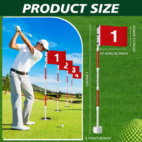 Golfer swinging near Four Pack Golf Flag Sticks With 6 Foot Putting Green Red Digital Style Flags, Hole Cups And Poles on green