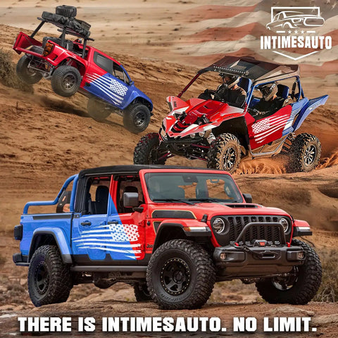 Jeep and ATV off-roading in the desert with Intimesauto branding, American flag design on vehicles