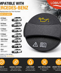Mercedes Benz Engine Oil Fill Cap Replacement 0000100301 Drop In Fit Compatible With A B C E GLK GLE CLA Class M272 M273 Engines Older Models Black OEM Style Oil Cap Replacement Easy Install, displayed with compatibility chart and features.
