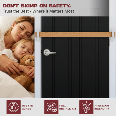 Heavy Duty Door Barricade Security Kit With Install Hardware Built Tough For 2 By 4 Wood Beams And 2000 Lbs Bend Resistance Mount on black door with sleeping family.