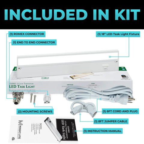 Under Cabinet Lighting Kit Hardwired And Linkable For Kitchen Use 18 Inch White Finish 3CCT with accessories displayed