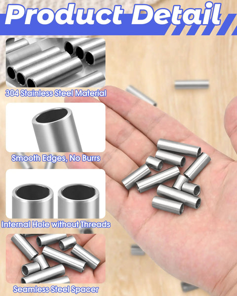 Stainless Steel Spacer Bushing Kit For M6 Unthreaded Spacers Three Popular Sizes In One Handy Must Have Set 6x8x10mm 6x8x20mm 6x8x30mm With Organized Storage Box Ideal For Wheel And Suspension Spacing Projects., 304 stainless steel unthreaded spacer bushings shown in hand