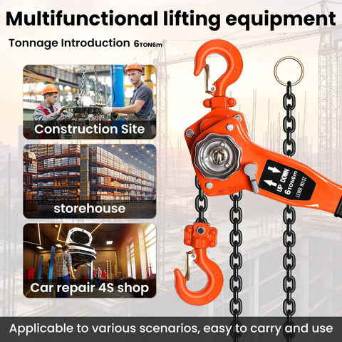 6 Ton Manual Lever Chain Hoist With 20 Ft Lift Height Heavy Duty Come Along Winch, images of construction, warehouse, car repair use