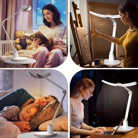 E Reading LED Desk Lamp With Monitor Sensor Touch Control Auto Dimming Swing Arm Eye Caring Desk Light used in different settings