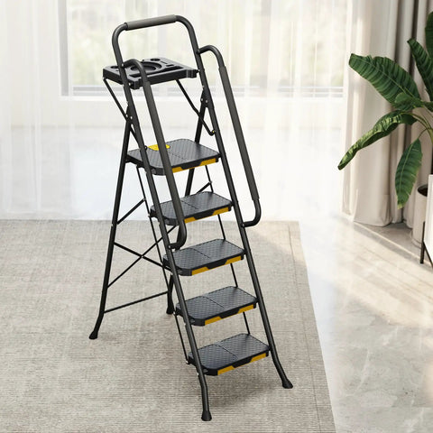 Sturdy 5 Step Steel Ladder With Anti Slip Wide Pedals Handrail And Safe Lock Design 800 Lb Capacity Folding Portable Step Stool