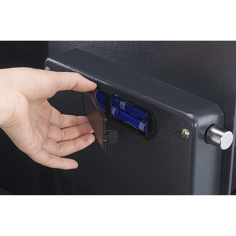 Compact Steel Home Safe Box With Digital Keypad And Two Manual Override Keys Rugged 11 Gauge Construction battery compartment