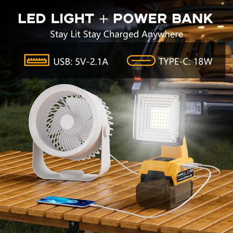 Go To Cordless 1500 Lumen LED Work Light With 20V Max And 60V Flex Battery Compatibility on table with fan and phone charging