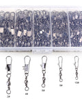 200 Piece Barrel Snap Swivel Fishing Accessories Set With Ball Bearing Swivels And Snap Connectors in storage box
