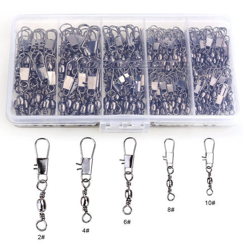 200 Piece Barrel Snap Swivel Fishing Accessories Set With Ball Bearing Swivels And Snap Connectors in storage box