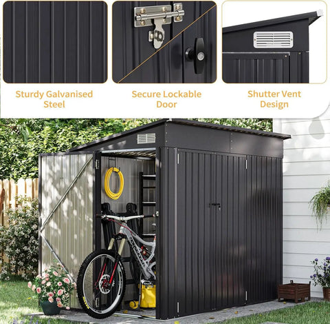 4x8 Outdoor Storage Shed with Triple Lockable Doors, sloping roof, metal cabinet for tools and bicycles, ideal for garden patio use.