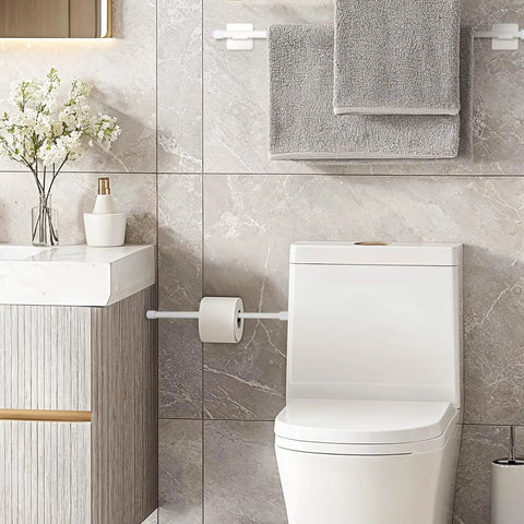Two Pack Small Tension Rods 12 To 20 Inch Adjustable Spring Curtain Rods in bathroom used as towel and toilet paper holder