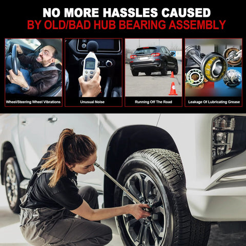 Mechanic demonstrating issues caused by old hub bearing assembly including noise, steering problems, and running off the road signs.