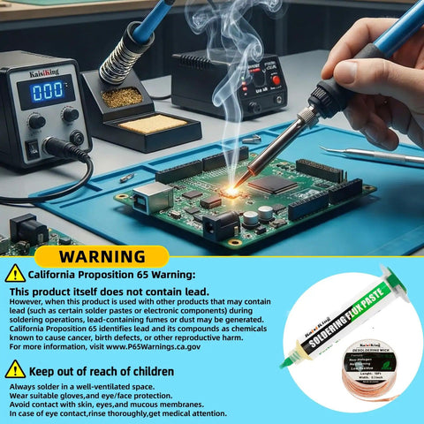 Technician using No Clean Soldering Flux Paste And Desoldering Wick Kit For Quick Electronics Repairs Pro Grade Rosin Flux on PCB.