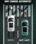 Overhead view of two cars on road, one labeled 'Worn' and one labeled 'Automuto', with pedestrians on crosswalk above 'Why Choose Automuto?' text.