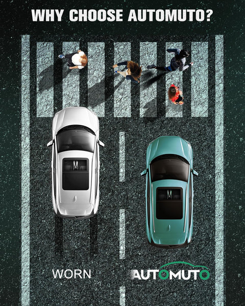 Overhead view of two cars on road, one labeled 'Worn' and one labeled 'Automuto', with pedestrians on crosswalk above 'Why Choose Automuto?' text.