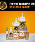 Gorilla Glue clear glue bottle, 3.75 oz, orange/white label, Gorilla brand; several glue bottles shown on orange background