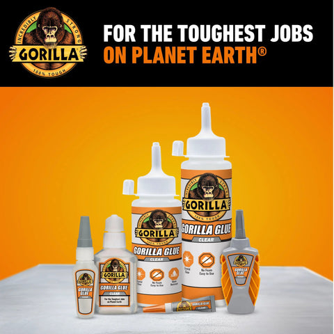 Gorilla Glue clear glue bottle, 3.75 oz, orange/white label, Gorilla brand; several glue bottles shown on orange background