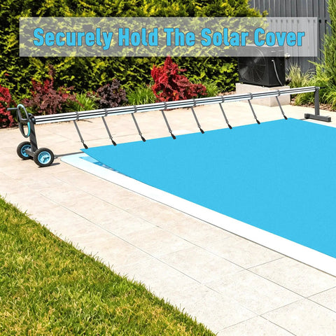 24 PC Upgraded Pool Solar Cover Reel Attachment Kit with heavy duty clips on a swimming pool with a clear solar cover.
