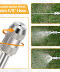 Close-up of 29 Inch Stainless Steel Sprayer Wand With Adjustable Nozzle And Built In Shut Off Valve, spraying water on grass
