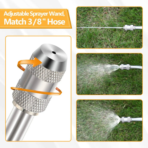 Close-up of 29 Inch Stainless Steel Sprayer Wand With Adjustable Nozzle And Built In Shut Off Valve, spraying water on grass