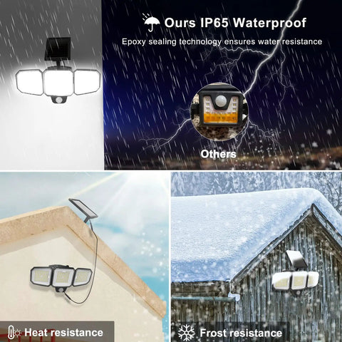 Beefy Triple Head Solar Security Flood Lights With 243 LED 3500LM Motion Sensor IP65 Waterproof Outdoor Wall Lights With Separate Solar Panel And Remote Control 3 Modes Weather Resistant Wide Area Illumination Low Maintenance Durable Aluminum Housing 9