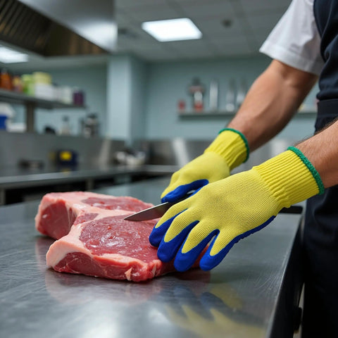 Worker wearing Kevlar Tough Cut Resistant Work Gloves With PVC Grip ANSI Rated Heavy Duty Safety Gear slicing meat.