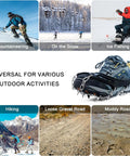 Beefy Ice Cleats Snow Grips With 19 Stainless Steel Spikes for Hiking, Ice Fishing, Climbing; shown in diverse outdoor activities