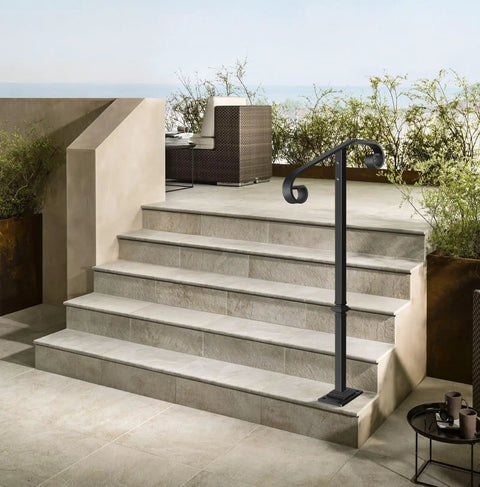 Rock Solid Outdoor Single Post Handrail Wrought Iron Step Railing Black Finish for One or Two Porch Steps on outdoor stairs.