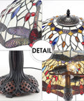 Detail view of Vintage Tiffany Style Table Lamp With Red Dragonfly Stained Glass Shade showing close-up of shade and base design.