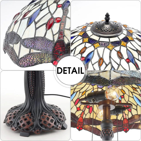 Detail view of Vintage Tiffany Style Table Lamp With Red Dragonfly Stained Glass Shade showing close-up of shade and base design.