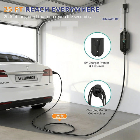 Portable EV Charger 30 Amps Level 1 And Level 2 With Wifi Smart App Hella Adjustable From 12 Amps To 30 Amps For Rock Solid 120V And 240V Supply Compatible With NACS And J1772 Adapters Straight Up Road Trip Essential with 25 ft cord in garage.