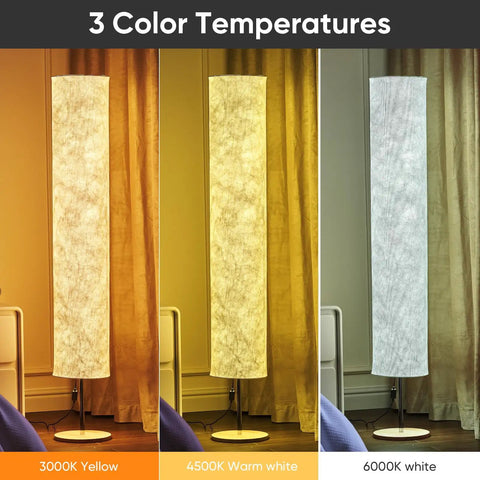 58 Inch Modern Floor Lamp With Tyvek Shade Warm White LED 3000K Slim Standing Light showing 3 color temperatures
