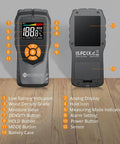 Front and back of Pinless Moisture Meter For Wood And Masonry, Non-Invasive Detector with LCD Display and Audible Alarm on wooden floor.