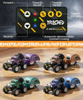 Mini 1 64 Scale RC Truck With Detachable Trailer 2.4GHz Remote showing controller and four colored trucks with trailers on floor