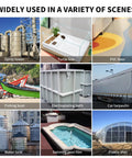 Collage showing uses of 1600W Hot Air Welder Gun for plastic and vinyl projects: spray tower assembly, PVC floor welding.