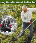 Man using Long Handle Weed Puller Tool With 44 Inch Reach Dual Head 2 In 1 Garden Weeder And Hoe in a garden setting