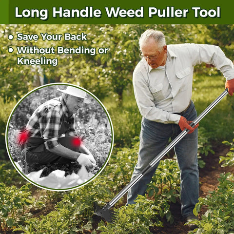 Man using Long Handle Weed Puller Tool With 44 Inch Reach Dual Head 2 In 1 Garden Weeder And Hoe in a garden setting