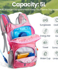 3 Piece Kids Hydration Backpack Set With A One And A Half Liter Water Bladder, pink design, open pockets showing storage compartments.