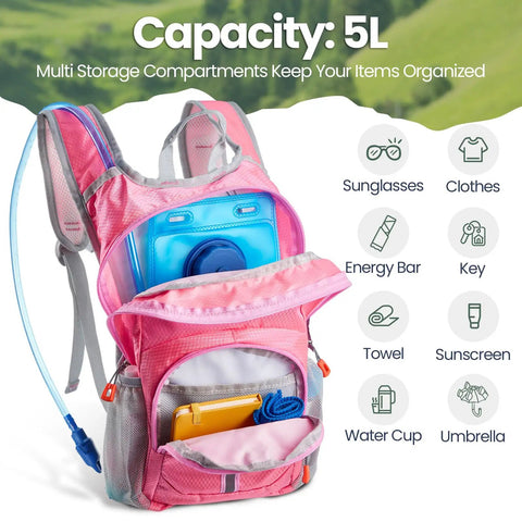 3 Piece Kids Hydration Backpack Set With A One And A Half Liter Water Bladder, pink design, open pockets showing storage compartments.