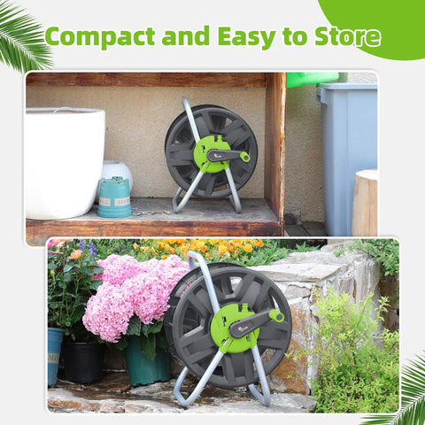 Wall Mounted Garden Hose Reel Cart Holds 65 To 100 Ft Of 5/8 Inch Hose Green Portable Hose Reel near flowers and plants