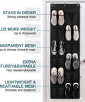 Heavy Duty Over The Door Shoe Organizer With 24 Spacious Pockets And Reinforced Seams For Closet Storage Holds Up To 40 Pounds, displaying shoes in pockets.