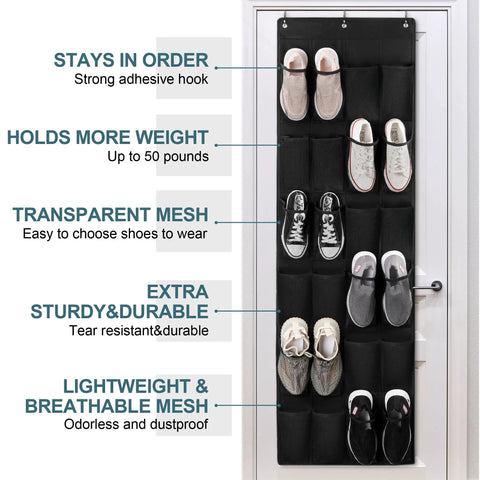 Heavy Duty Over The Door Shoe Organizer With 24 Spacious Pockets And Reinforced Seams For Closet Storage Holds Up To 40 Pounds, displaying shoes in pockets.