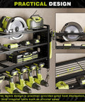 Power Tool Organizer Wall Mount With Four Layers And Eight Drill Holders Heavy Duty Cordless Drill Organizer For Your Garage Or Workshop Space Saving Rack In Black with tools displayed on shelves.